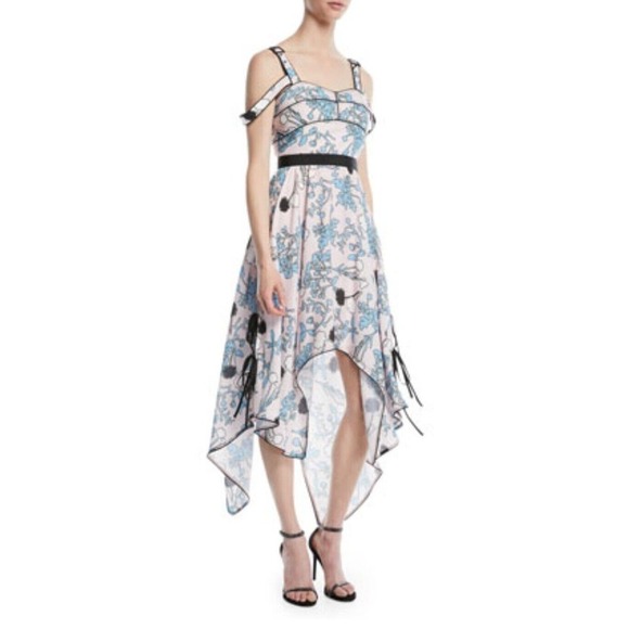 $405 Self Portrait Asymmetric Pink Floral Print Midi A Line Dress Size 10 NWT - Picture 1 of 16